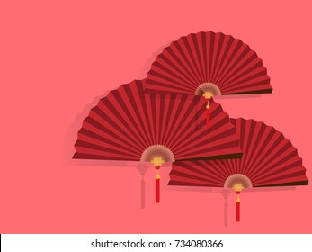 Red Chinese folding fans on light red background. Vector illustration design for Chinese New Year card or background.