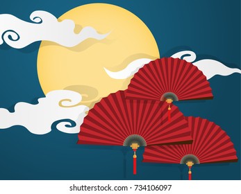 Red Chinese folding fans on blue sky with full moon and clouds  background. vector illustrator in flat design for Chinese New Year card or background.