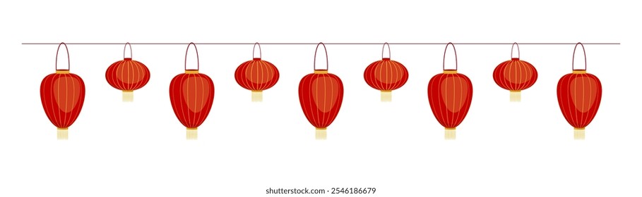 Guirnalda china roja de linternas tradicionales sobre fondo blanco. Año Nuevo chino. Elemento para el Anuncio del diseño, tarjeta de felicitación, decoración.