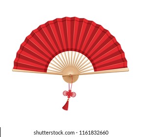 Red Chinese hand fan with wishful knot isolated on white background