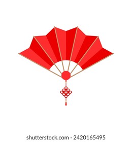 Red Chinese hand fan with wishful knot isolated on white background. Vector illustration of Paper traditional chinese folding fan. chinese new year element
