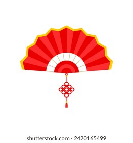 Red Chinese hand fan with wishful knot isolated on white background. Vector illustration of Paper traditional chinese folding fan. chinese new year element