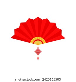 Red Chinese hand fan with wishful knot isolated on white background. Vector illustration of Paper traditional chinese folding fan. chinese new year element
