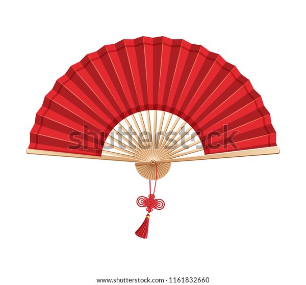 Red Chinese hand fan with wishful knot\
isolated on white\
background
