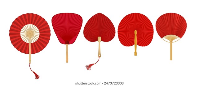 Red Chinese hand fans realistic vector illustration set. Elegant vintage souvenir accessory from Asia 3d objects on white background