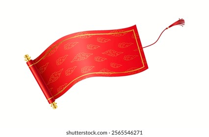 Red Chinese hand-scroll with tassel flattering realistic vector illustration. Holiday Asian manuscript wishing good luck 3d object on white