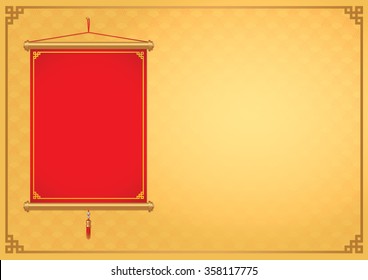 Red Chinese Hanging Not Have Text Front Of Gold Background Decorate With China Style Frame.