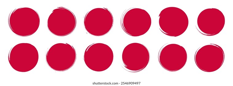 Chinês vermelho, círculos japoneses. Coleção de caligrafia vetorial. Formas redondas sujas. rabiscos ajustados. Selos redondos isolados desenhados à mão. Elementos de design para o logotipo do sol, etiqueta, emblema. Texturas do pincel Grunge