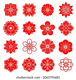 Red chinese, japanese and korean flowers, Asian floral patterns or vector icons. Chinese cherry blossom flower or japanese sakura ornament decor, oriental paper art or papercut decoration patterns