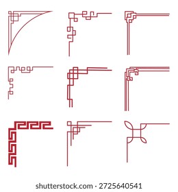 Red chinese knot corner border set. Vector linear geometric angle frames for oriental holiday decoration isolated on white