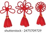 Red Chinese knots vector illustration isolated white background. Set three traditional Chinese knot tassels, Lunar New Year decor. Various intricate loops weaves forming auspicious symbols