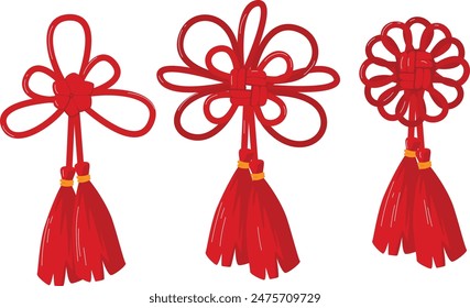 Red Chinese knots vector illustration isolated white background. Set three traditional Chinese knot tassels, Lunar New Year decor. Various intricate loops weaves forming auspicious symbols