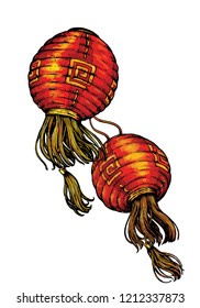 red Chinese lamps on white background,hand draw