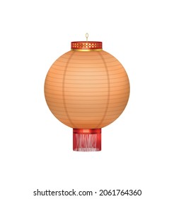 Red chinese lantern of circular shape realistic composition with hanging brushes vector illustration