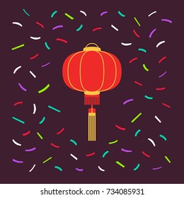 Red Chinese lantern circular shape with bright confetti. Vector design element can be used for greeting poster, party invitation, card, backdrop, ad, sale promotion, print for t-shirt, stickers 