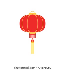 Red Chinese lantern circular shape isolated on white background. Vector design element can be used for greeting poster, party invitation, backdrop, ad, sale promotion, print for t-shirt, stickers