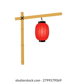 Red Chinese Lantern Hanging on Bamboo Pole, Traditional Asian Illustration