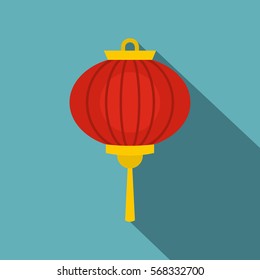 Red chinese lantern icon. Flat illustration of red chinese lantern vector icon for web on baby blue background