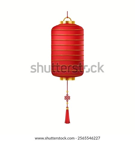 Red Chinese lantern with knot and tassel realistic vector illustration. Lunar New Year celebration lamp fun atmosphere 3d object on white