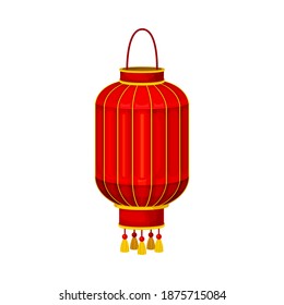 Red Chinese Lantern Made of Paper or Silk with Candle Inside Vector Illustration