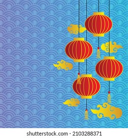 Linterna roja china sobre fondo azul y patrón sin foco, área de copia