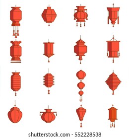 Red Chinese Lantern Set, vector illustration. Decorative icons for New Year