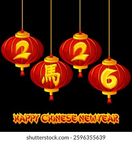 Red Chinese lanterns, 2026 New Year. Year of the Horse. Happy Chinese New Year greeting card with horse hieroglyph