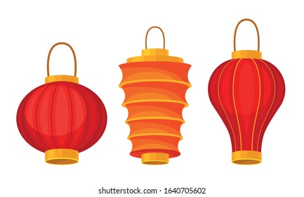 Red Chinese Lanterns of Circular and Cylindrical Shape Vector Set