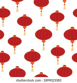 Red Chinese lanterns with gold elements on a white background. Seamless flat new year winter background. Suitable for wallpaper, packaging.