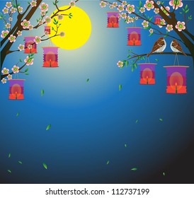 Red Chinese lanterns hanging on the tree. Vector illustration
