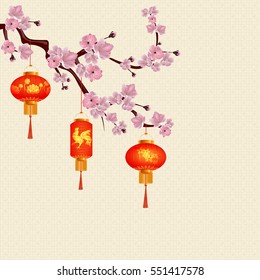 Red Chinese lanterns hanging on a branch of cherry blossom with pink flowers. Round and cylindrical form with drawings. sakura. Vector illustration