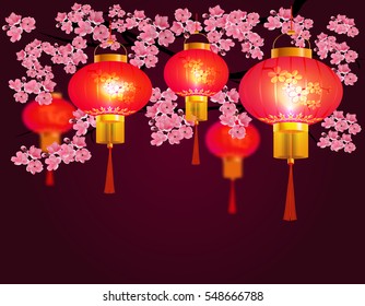 Red Chinese lanterns hanging in the park. Sakura. Round shape with patterns. Against the backdrop of pink cherry blossoms. Vector illustration