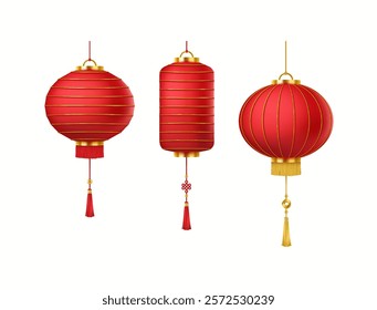 Red Chinese lanterns at holiday event realistic color icons set. Traditional paper oriental lamps with tassels 3d objects bundle on white