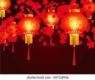 Red Chinese lanterns hung in the park. Round shape with patterns. Against the background of red cherry blossoms. Vector illustration