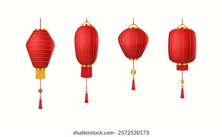 Red Chinese lanterns for New Year holiday realistic color icons set. Traditional Asian lamps with tassels and coins 3d objects bundle on white