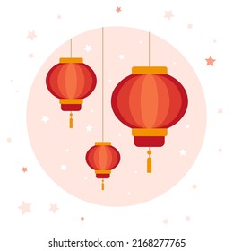 Red Chinese lanterns. Oriental paper lanters for festival. Vector flat illustration.