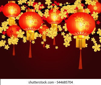 Red Chinese lanterns. Round shape with patterns. Against the background of the cherry blossoms. Vector illustration