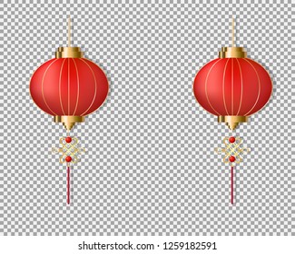 Red Chinese lanterns set Hanging Ornaments Decoration on transparent background