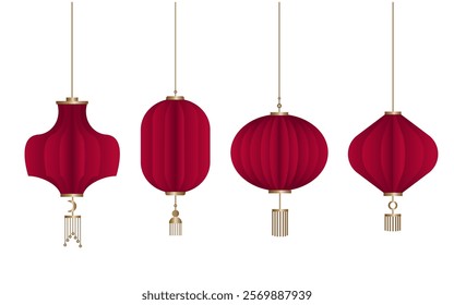 Red Chinese lanterns set on white background. Asian decorative element, Chinese new year design