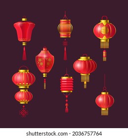 Red Chinese lanterns set. Traditional Asian new year red lamps festival decorated with Japanese sign. Asia religion symbol element with oriental ornament. Hanging paper lights cartoon vector