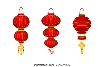 Red Chinese lanterns set. Traditional Asian New Year decor element vector illustration
