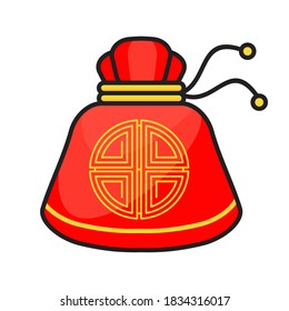 Red Chinese money bag with pattern and traditional ornament. Liner Color Icon. Flat vector illustration