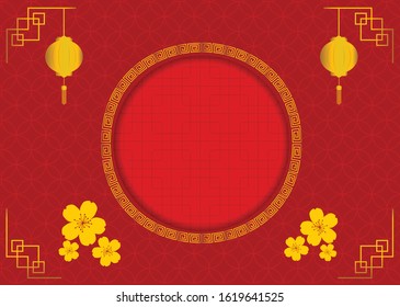 Red Chinese new background with Chinese with gold lantern and plum blossom flower