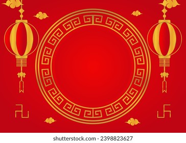 red Chinese new year background. Chinese new year greeting card with circle for sale products. vector design with golden chinese frame ornament and lantern.