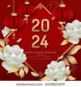 Red Chinese new year background for 2024 year of dragon decorated with peony flowers and hanging lanterns on oriental wave pattern, vector design