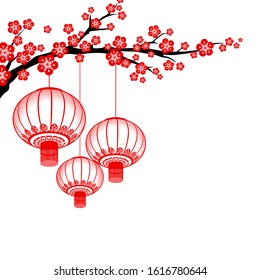 Red Chinese New Year lanterns hang on the red Chinese plum tree branches. Chinese lanterns vector. Illustration of traditional lanterns and oriental decoration of China.
