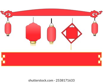Red Chinese New Year lanterns and banner hanging against a white background. Perfect for festive decorations