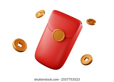 Red Chinese New Year money bag floating in mid-air with gold coins floating beside it. 3D rendering.