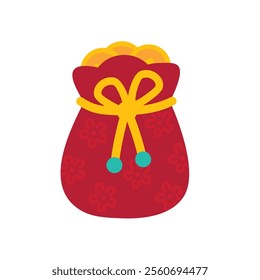 A red Chinese New Year money bag vector with a flower pattern, tosca bead accents, and coins peeking from the top. Perfect for festive designs, decorations, and digital or print projects.