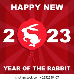 Red Chinese New Year postcard with Rabbit zodiac sign, symbol of 2023, graphic design card with beams on the background, vector banner, card, invitation, greeting.